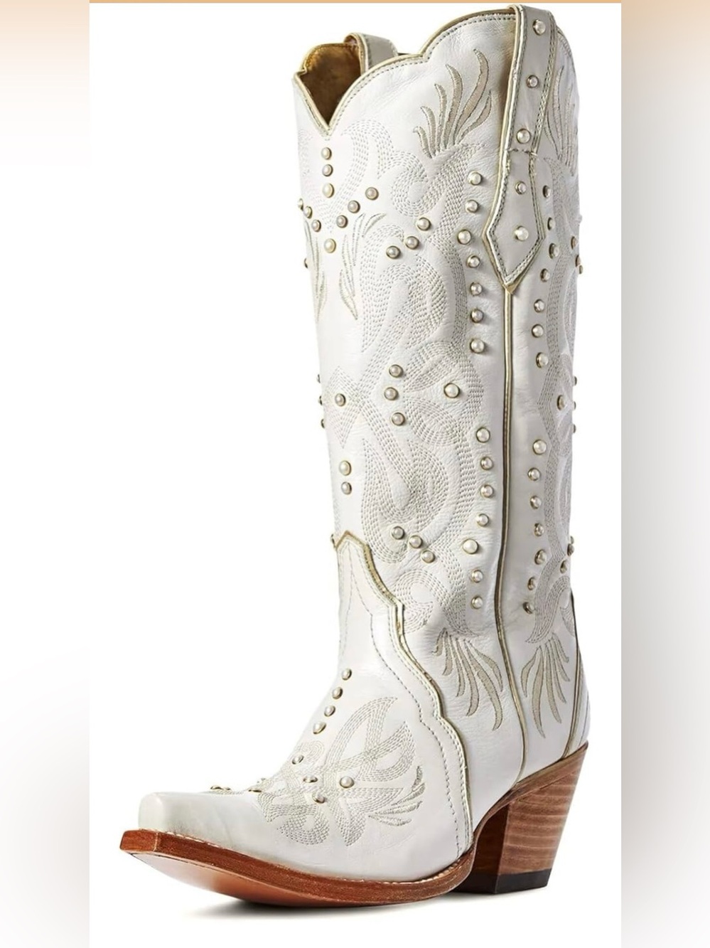 Pearl Embellished Knee High Cowboy Boots Chunky Heel Western Embroidery Pull On
